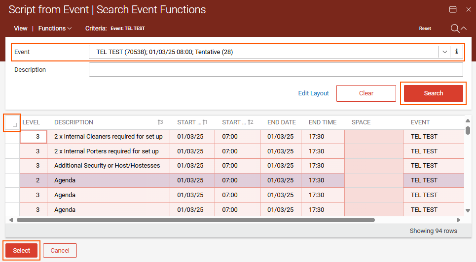 Script from event - Search