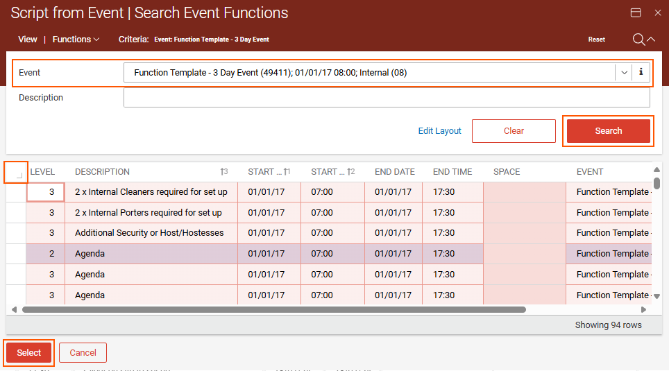 Script from event - Search